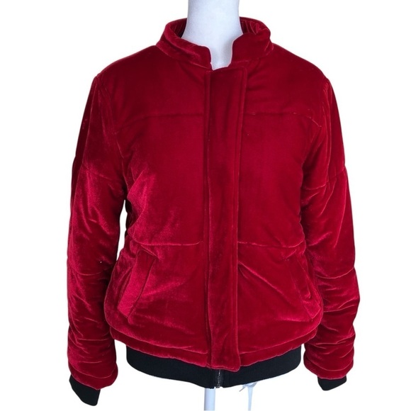 Me Jane Velvet Plush Bomber Puffer Jacket Zip Up Vibrant Cherry Red Cozy FLAWS S - Picture 4 of 16